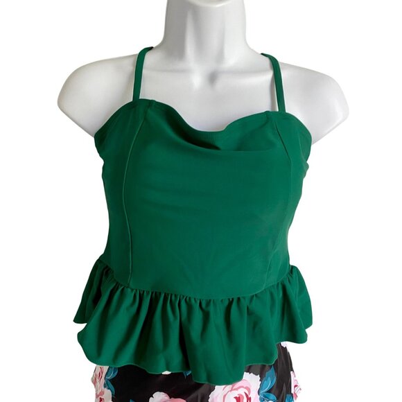 Two Piece Floral Swimsuit Green Peplum Top High-Waisted Rose Print Bottom M NEW - Picture 4 of 9
